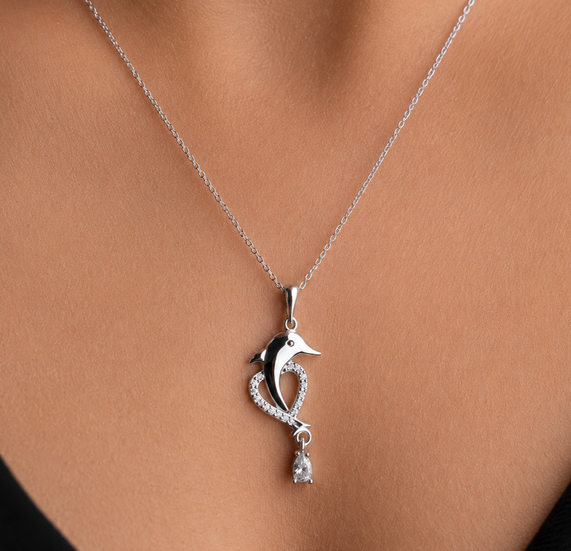 925 Sterling Silver Dolphin Heart Pendant Necklace for Women