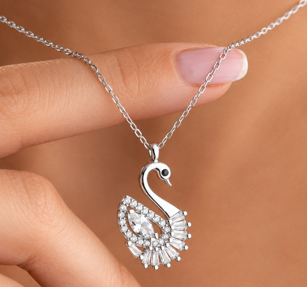 925 Sterling Silver Swan Necklace with White CZ