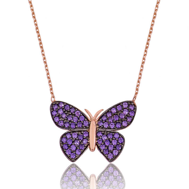 Silver Rose Purple Butterfly Women’s Necklace