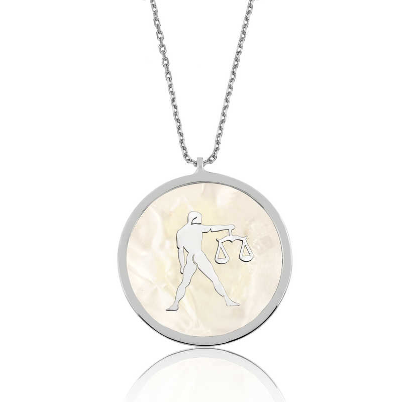 Silver Mother of Pearl Stone Libra Zodiac Sign Necklace for Women