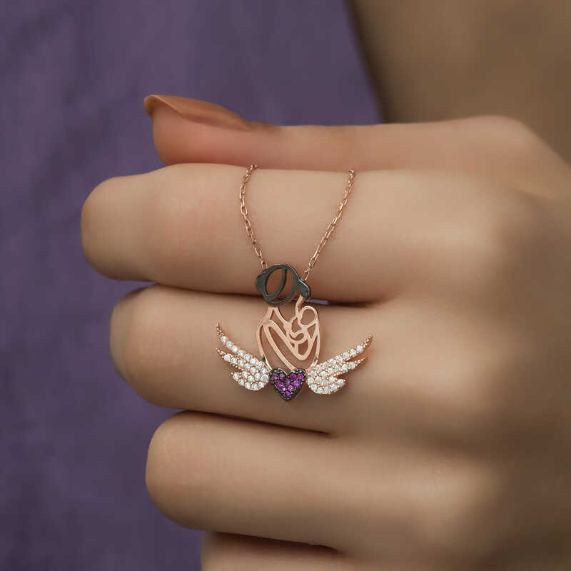 Silver Rose Heart Mother and Child Necklace