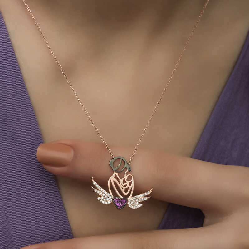 Silver Rose Heart Mother and Child Necklace