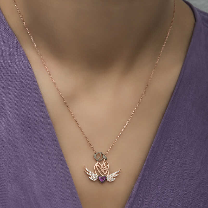 Silver Rose Heart Mother and Child Necklace