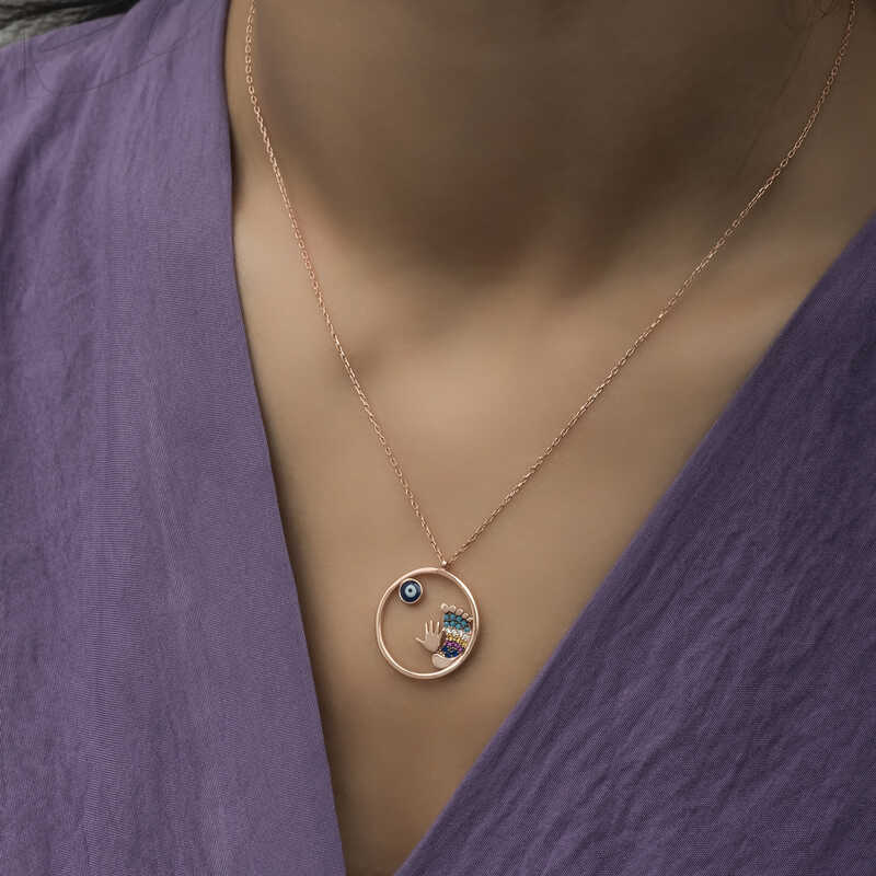 Silver Rose Evil Eye Hand and Footprint Women’s Necklace