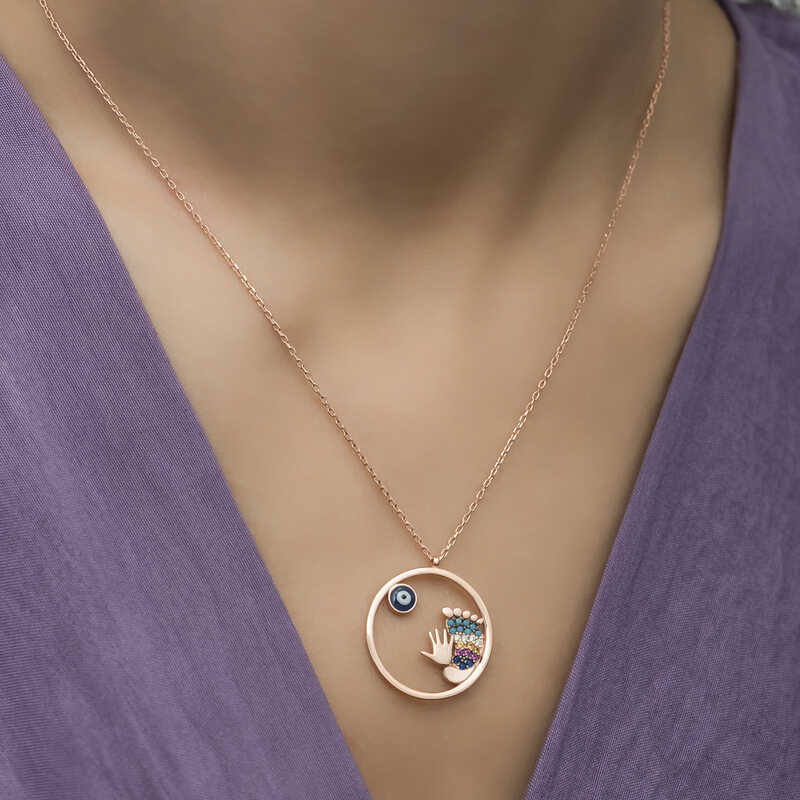 Silver Rose Evil Eye Hand and Footprint Women’s Necklace