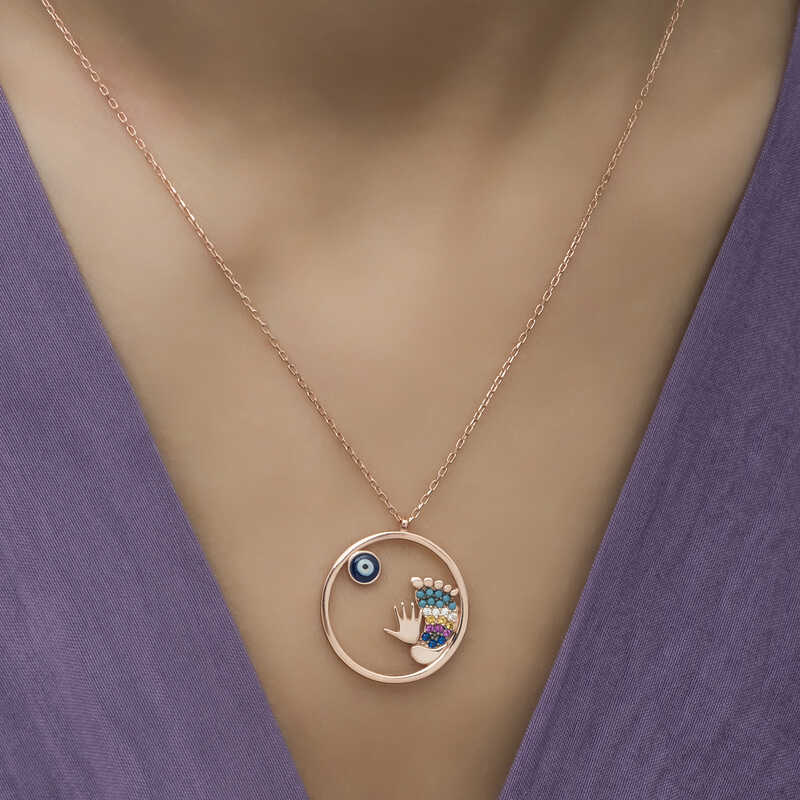 Silver Rose Evil Eye Hand and Footprint Women’s Necklace