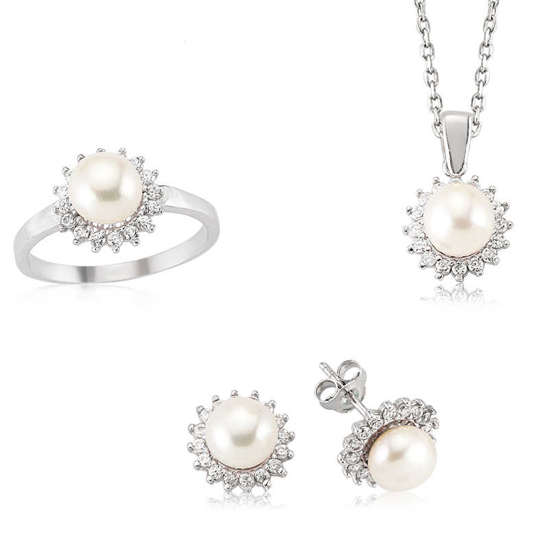 Silver Zircon Stone Pearl Women’s Set