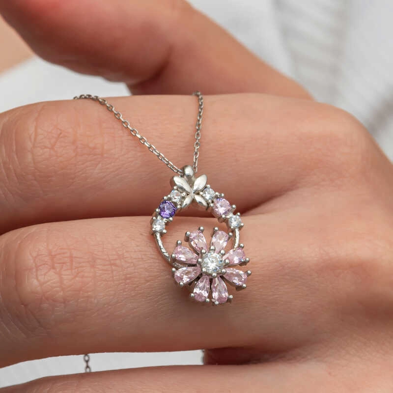 Silver Pink Spinning Flower Women’s Necklace