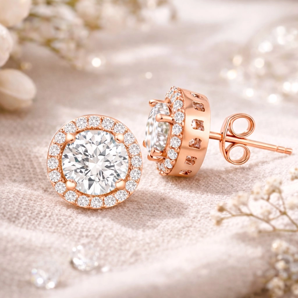 Silver Rose Round Mounted Diamond Model Earrings