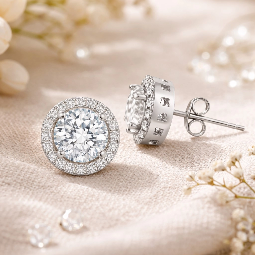 Silver Round Mounted Diamond Model Earrings