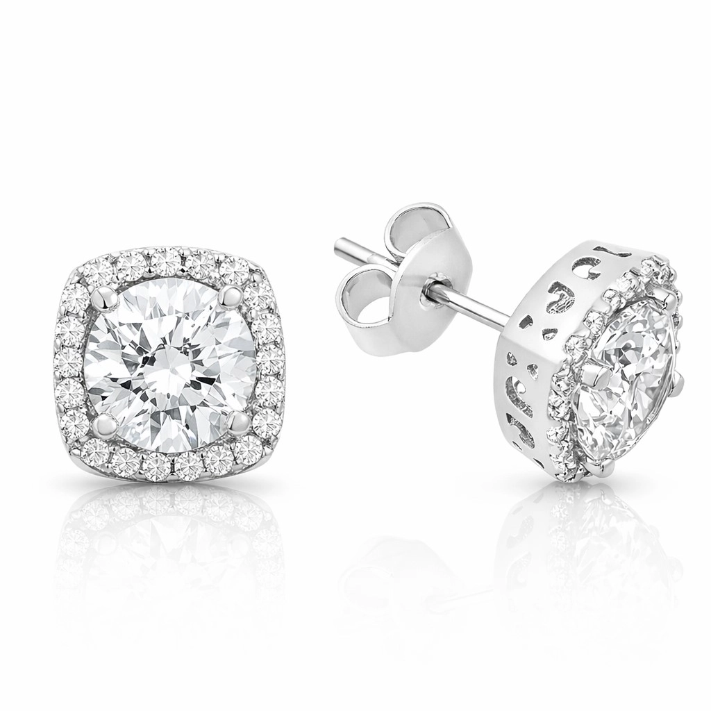 Silver Square Mount Diamond Model Earrings