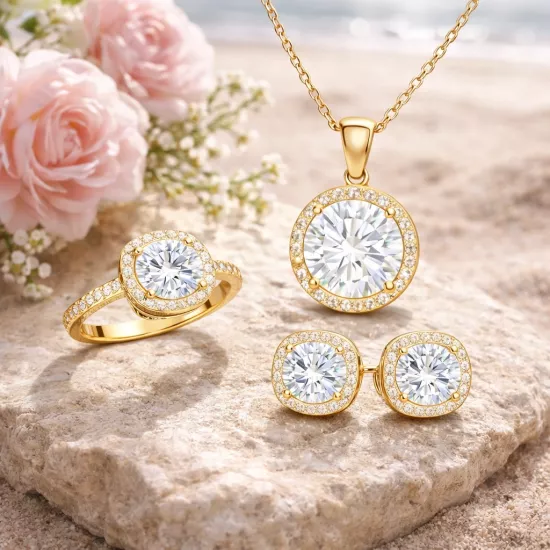 925 Sterling Silver Gold Plated  Halo Set