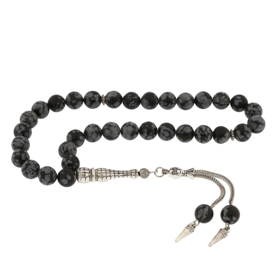 Obsidian Stone Prayer Beads with Natural Stone Metal Tassels