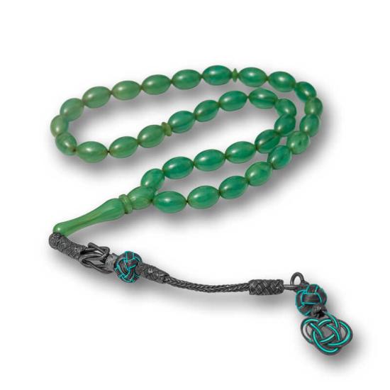 Gümüş Kazaz Püsküllü Yeşil Sıkma Kehribar Tesbih