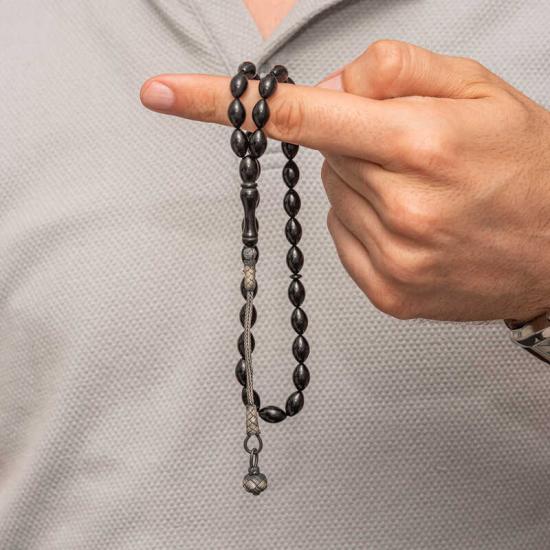 Gümüş Kazaz Püsküllü Siyah Sıkma Kehribar Tesbih