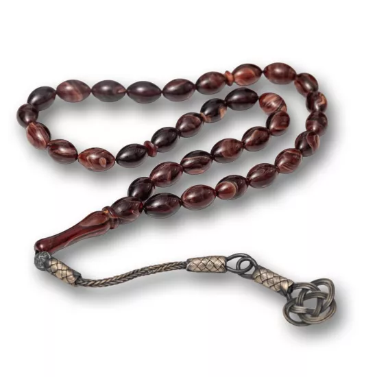 Pressed Brown Amber Tasbih with Silver 925 Tassel