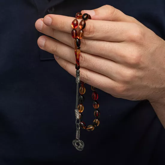 Pressed Amber Tasbih with Kazaz Silver 925 Tassel 