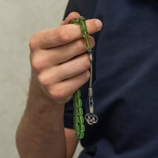 Green Squeezed Amber Tasbih with Silver 925 Kazaz