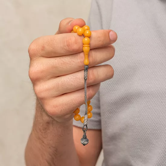 Yellow Round Amber Tasbih with Silver 925 Kazaz