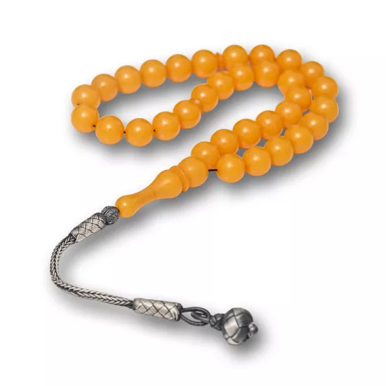 Yellow Round Amber Tasbih with Silver 925 Kazaz