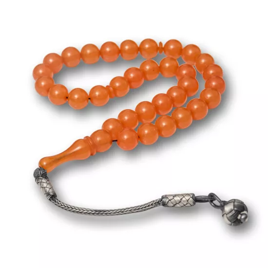 Gümüş Top Kazaz Püsküllü Turuncu Sıkma Kehribar Tesbih
