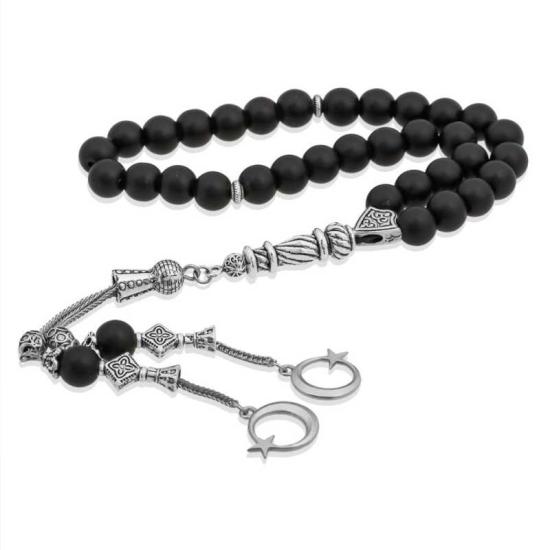Natural Stone Metal Tassel Onyx Black Matte Stone Prayer Beads