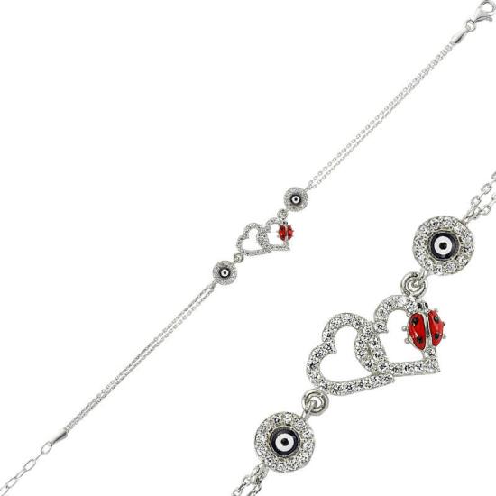 Silver Ladybug Heart Evil Eye Women’s Bracelet