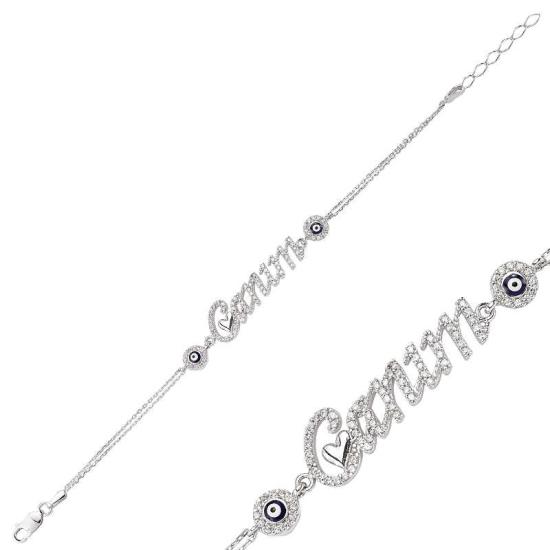 Silver ’’My Love’’ Inscribed Evil Eye Bracelet for Women