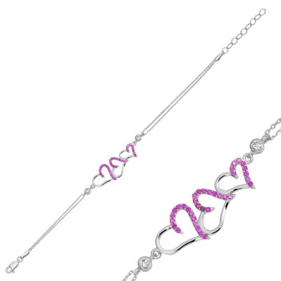 Silver Pink Three Heart Women’s Bracelet