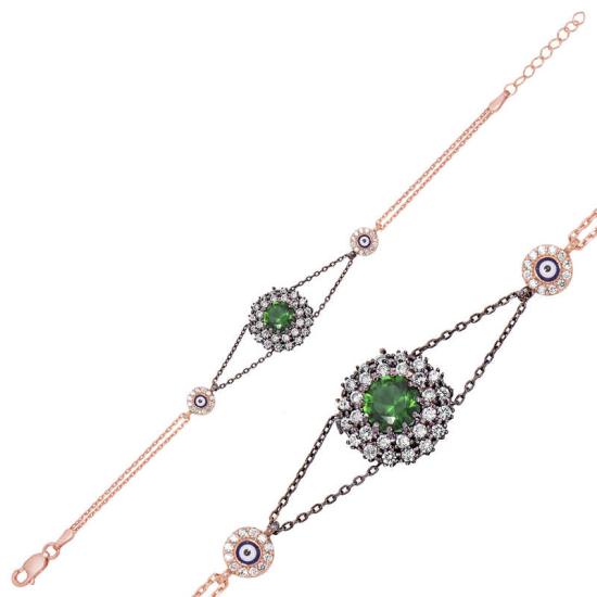 Silver Rose Green Stone Authentic Women’s Bracelet