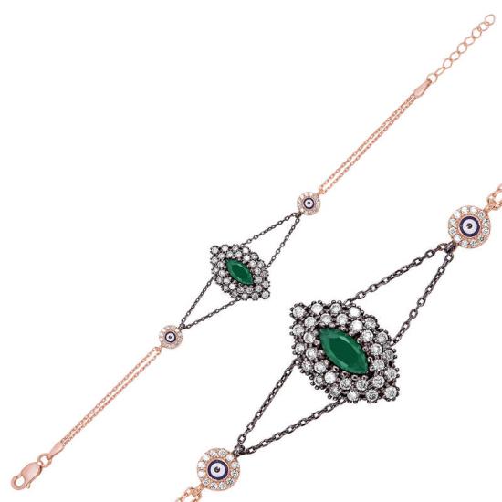 Silver Rose Matte Green Stone Authentic Bracelet