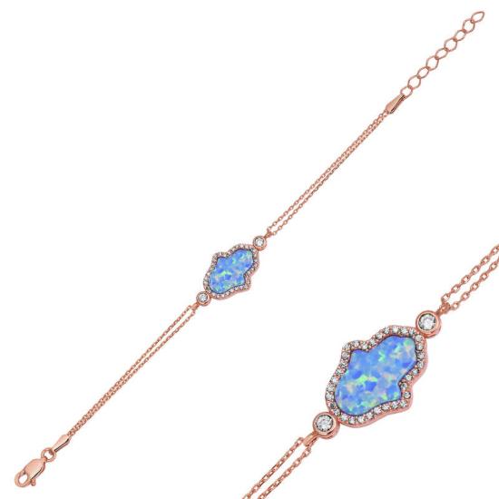 Silver Rose Blue Opal Fatima Hand Women’s Bracelet
