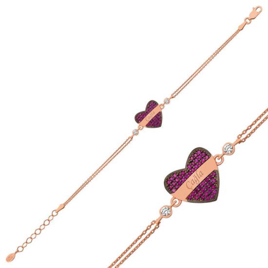 Silver Rose Red Heart Name Bracelet for Women