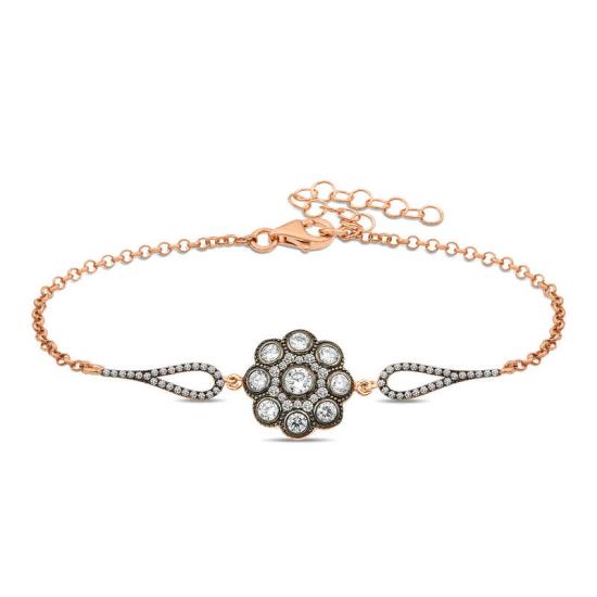 Silver Rose Flower Patterned Diamond Mounted Bracelet