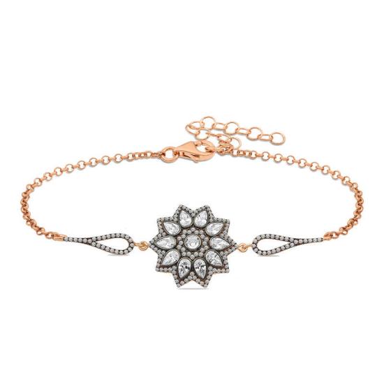 Silver Rose Flower Patterned Diamond Mounted Bracelet