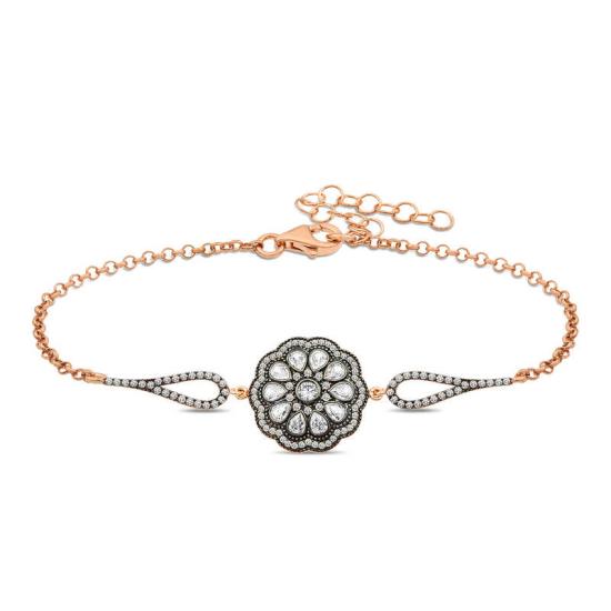Silver Rose Flower Patterned Diamond Mounted Bracelet