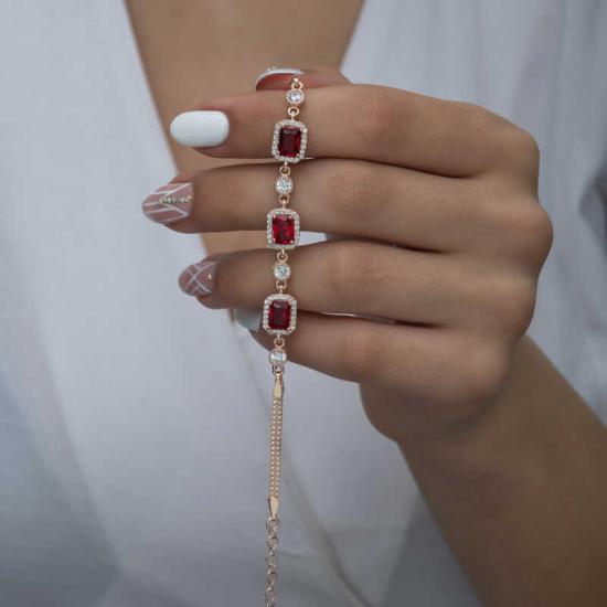 Silver Rose Baguette Red Stone Women’s Bracelet
