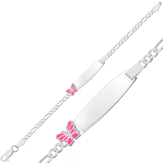 Kişiye Özel Pembe Kelebek Figürlü Gümüş Çocuk Künyesi