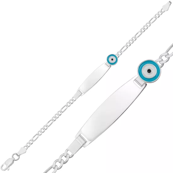 Kişiye Özel Açık Mavi Nazar Figürlü Gümüş Çocuk Künyesi