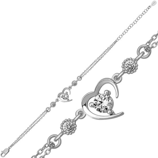 Rhodium Plated Heart Stone Silver Bracelet