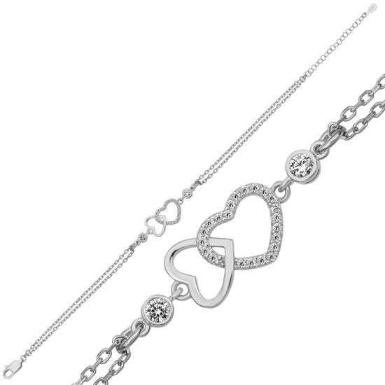 Rhodium Plated Double Heart 925 Silver Bracelet