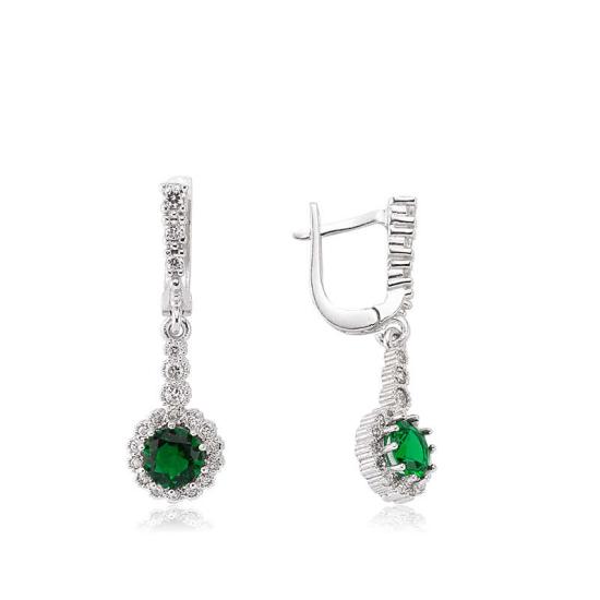 Silver Green Flower Dangle Earrings