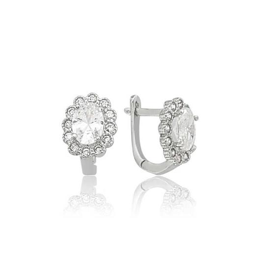 Silver Oval Stone Flower Earrings
