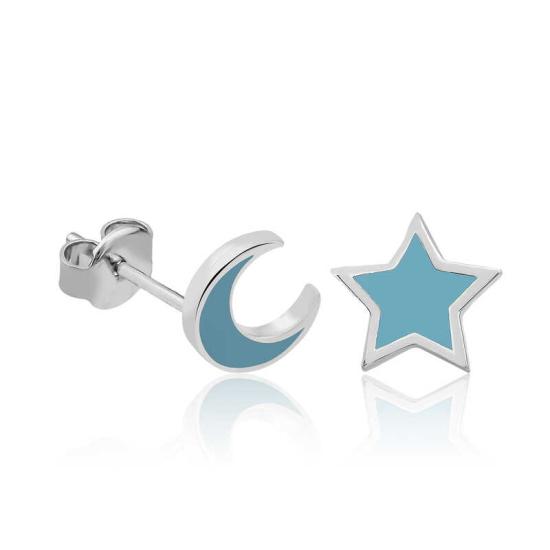 Silver Phosphorescent Blue Crescent Star Earrings
