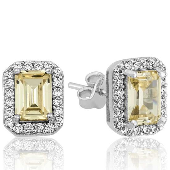 Silver Yellow Baguette Stone Stud Women’s Earrings