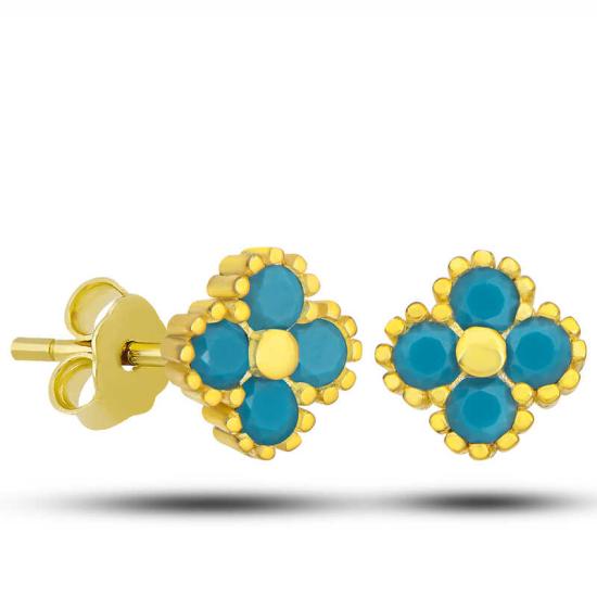 Silver Gold Clover Stud Turquoise Stone Children’s Earrings