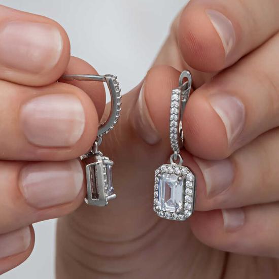Silver White Baguette Stone Dangle Women’s Earrings