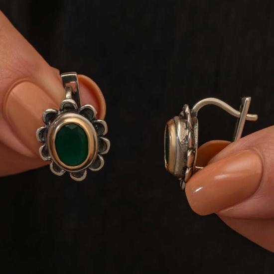 Silver Green Flower Patterned Authentic Women’s Earrings