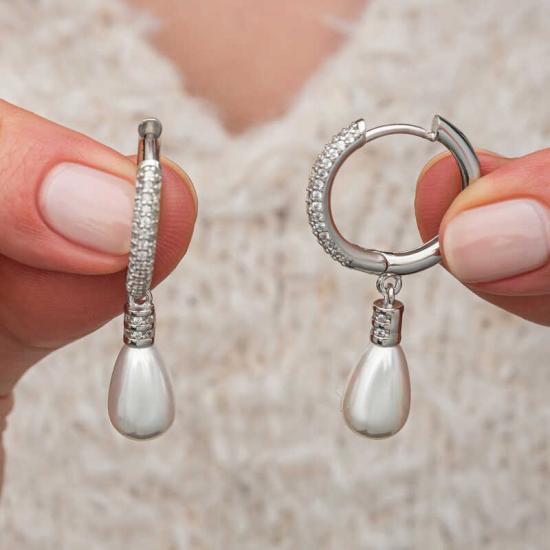 Silver Zircon Stone Dangle Drop Pearl Earrings