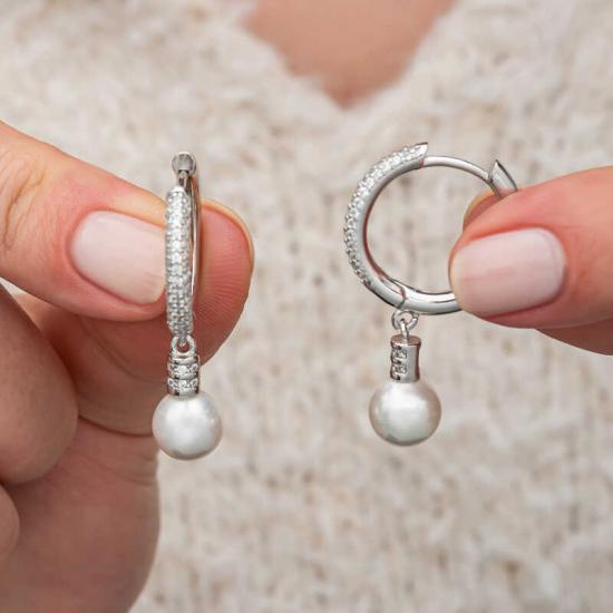 Silver Zircon Stone Hoop Pearl Women’s Earrings